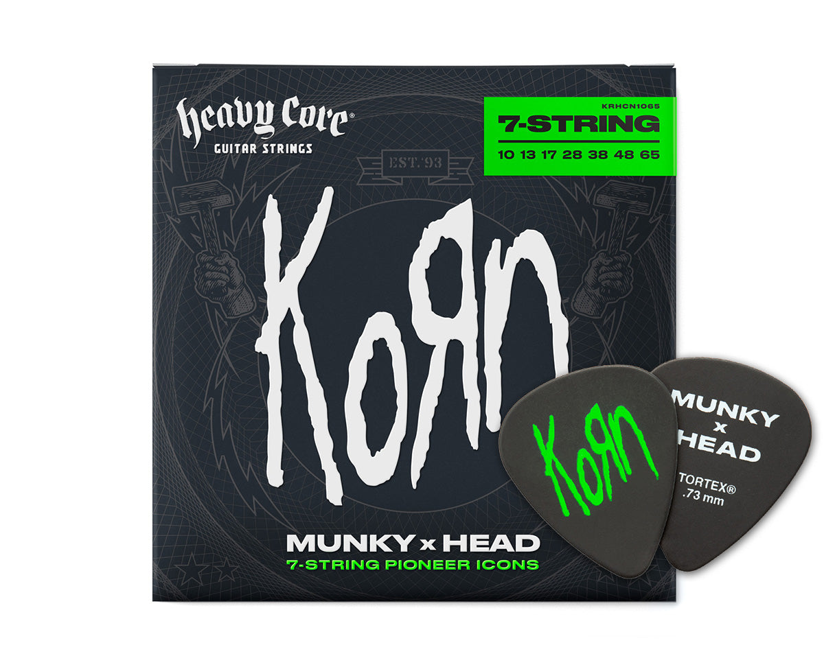 Jim Dunlop Korn Heavy Core Custom 7-string electric guitar strings 10-65 set, featuring durable metal winding and high tension.