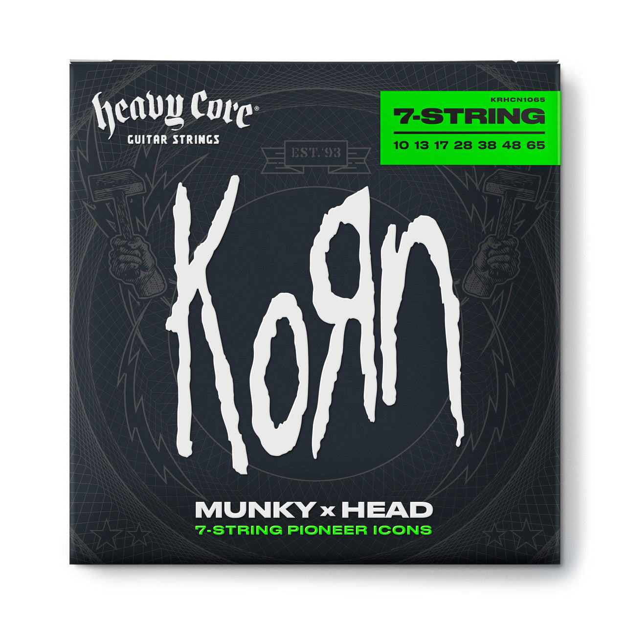 Jim Dunlop Korn Heavy Core 7-string electric guitar strings 10-65 pack, featuring durable construction and high-quality metal for powerful sound.