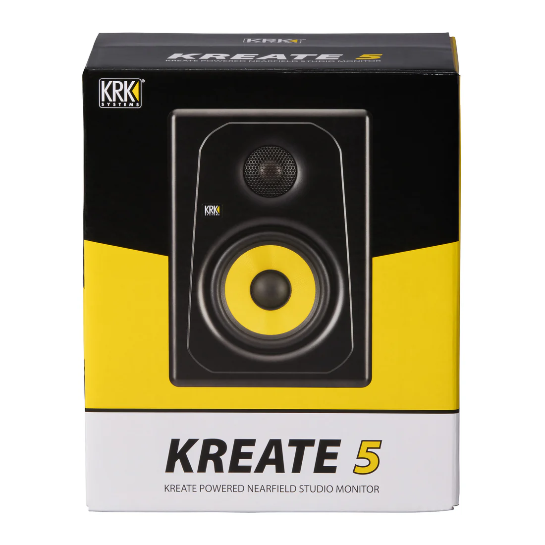 KRK Kreate 5 active two-way studio monitor showing black enclosure and front driver, designed for professional audio mixing.
