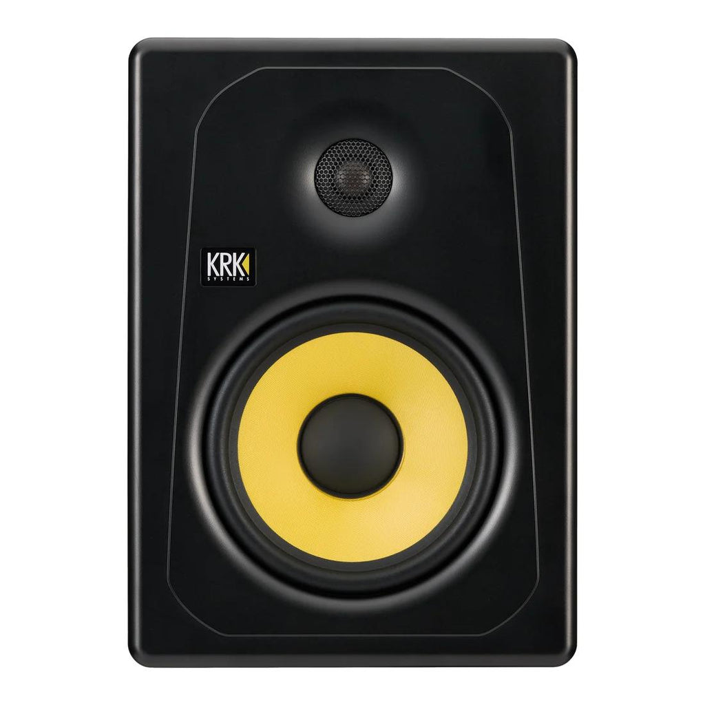 KRK Kreate 8 active studio monitor showing a sleek black 8-inch two-way speaker with control knobs on the front panel