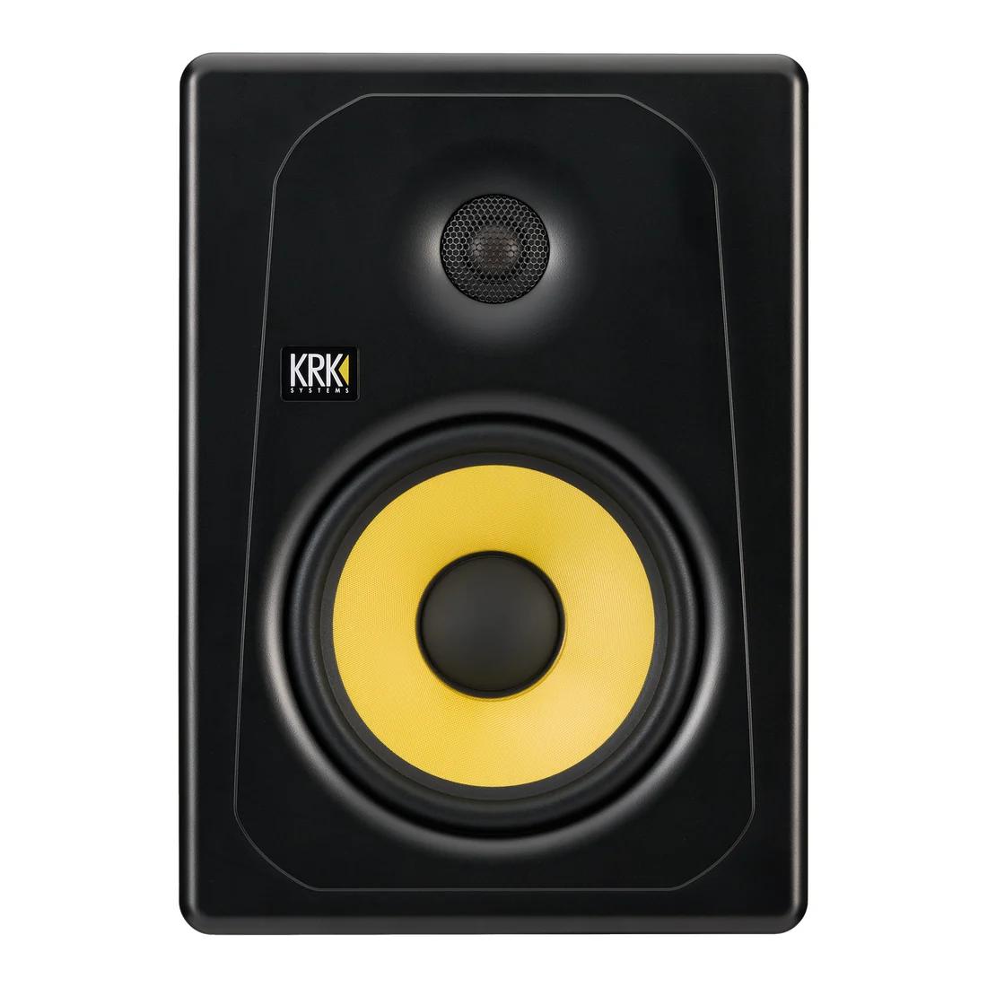 KRK Kreate 8 active studio monitor showing a sleek black 8-inch two-way speaker with control knobs on the front panel