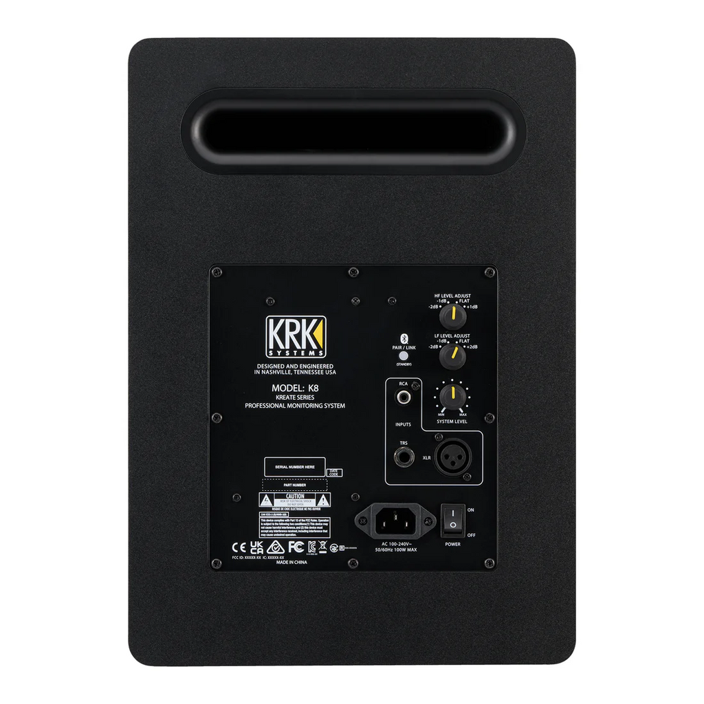 KRK Kreate 8 active studio monitor with black enclosure and front port, designed for professional audio mixing and monitoring.