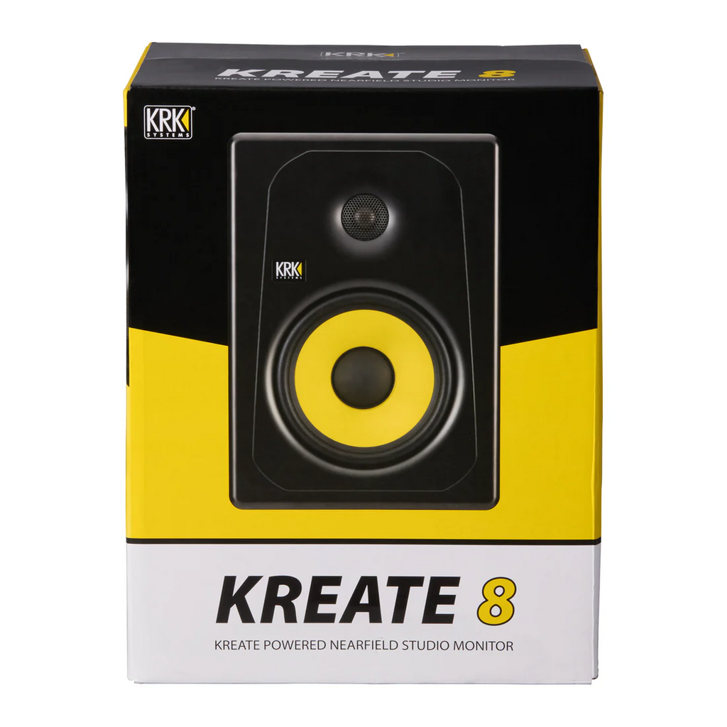 KRK Kreate 8 active two-way studio monitor showing a sleek black speaker with control knobs and front grille for professional audio.