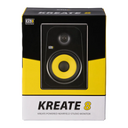 KRK Kreate 8 active two-way studio monitor showing a sleek black speaker with control knobs and front grille for professional audio.