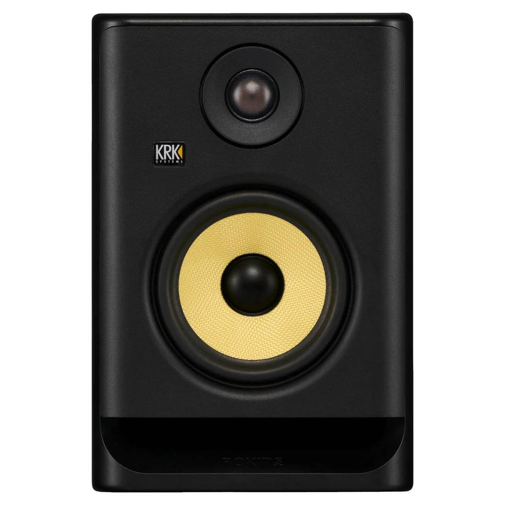 Black KRK Rokit RP5G5 studio monitor speaker by KRK Systems, showing the compact speaker with front grille and control knobs.