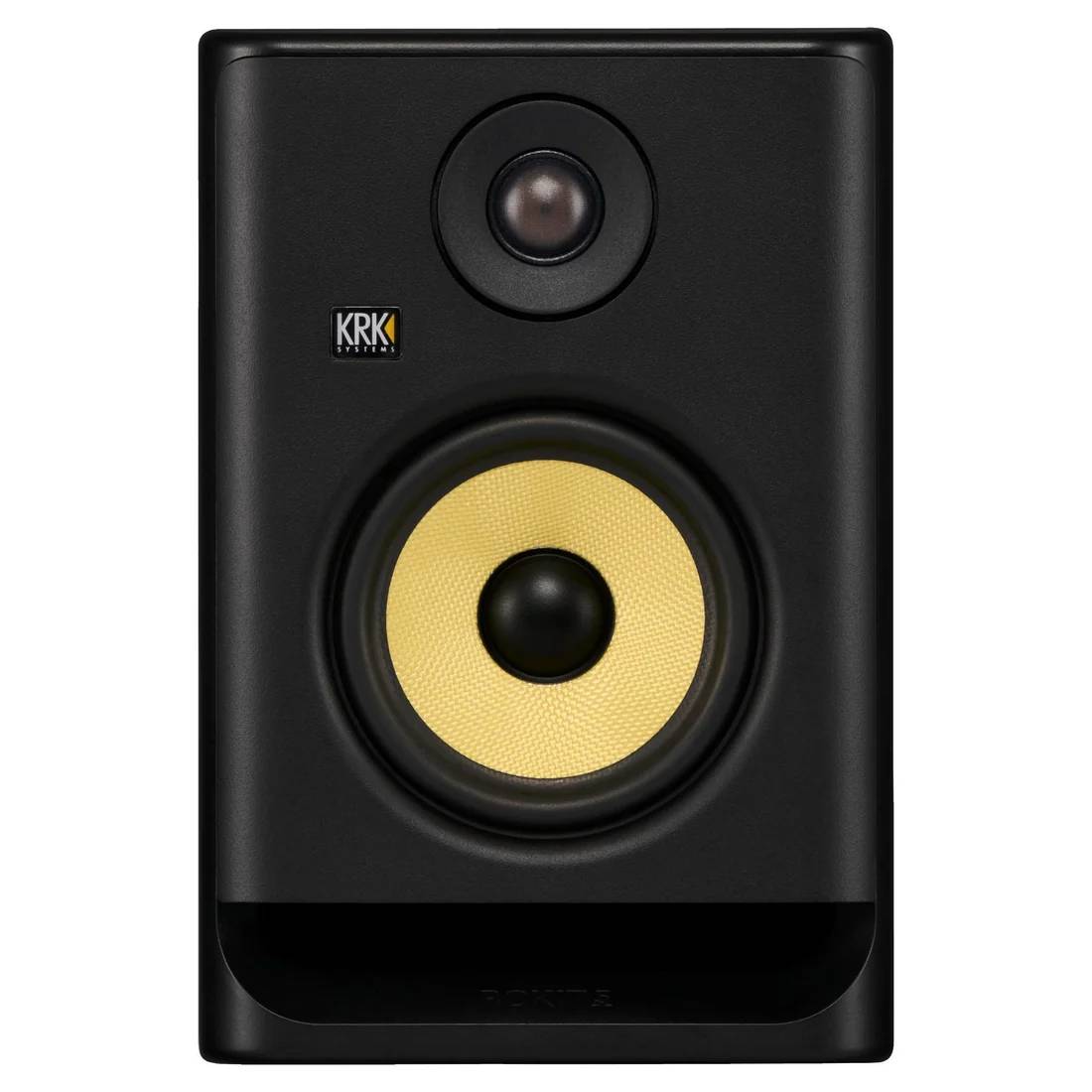 Black KRK Rokit RP5G5 studio monitor speaker by KRK Systems, showing the compact speaker with front grille and control knobs.