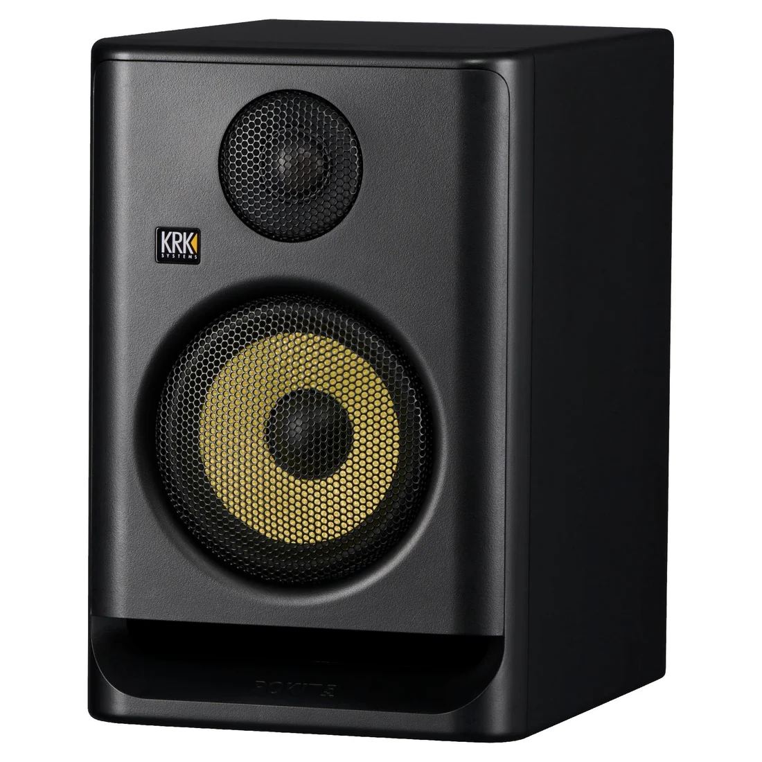 KRK Rokit RP5G5 5th Gen studio monitor speaker in black, showing front view with grille and control panel.