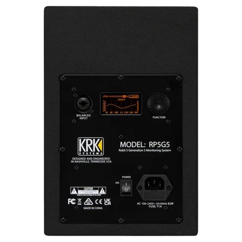 KRK Rokit RP5G5 5th Gen studio monitor speaker in black, showing the front view with grille and control panel.