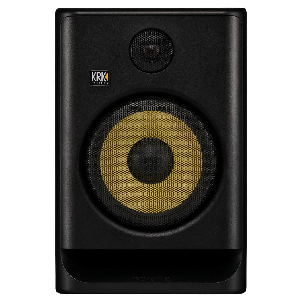 KRK Rokit RP8G5 5 Gen5 studio monitor speaker, black with yellow cone, showing front view and control panel.