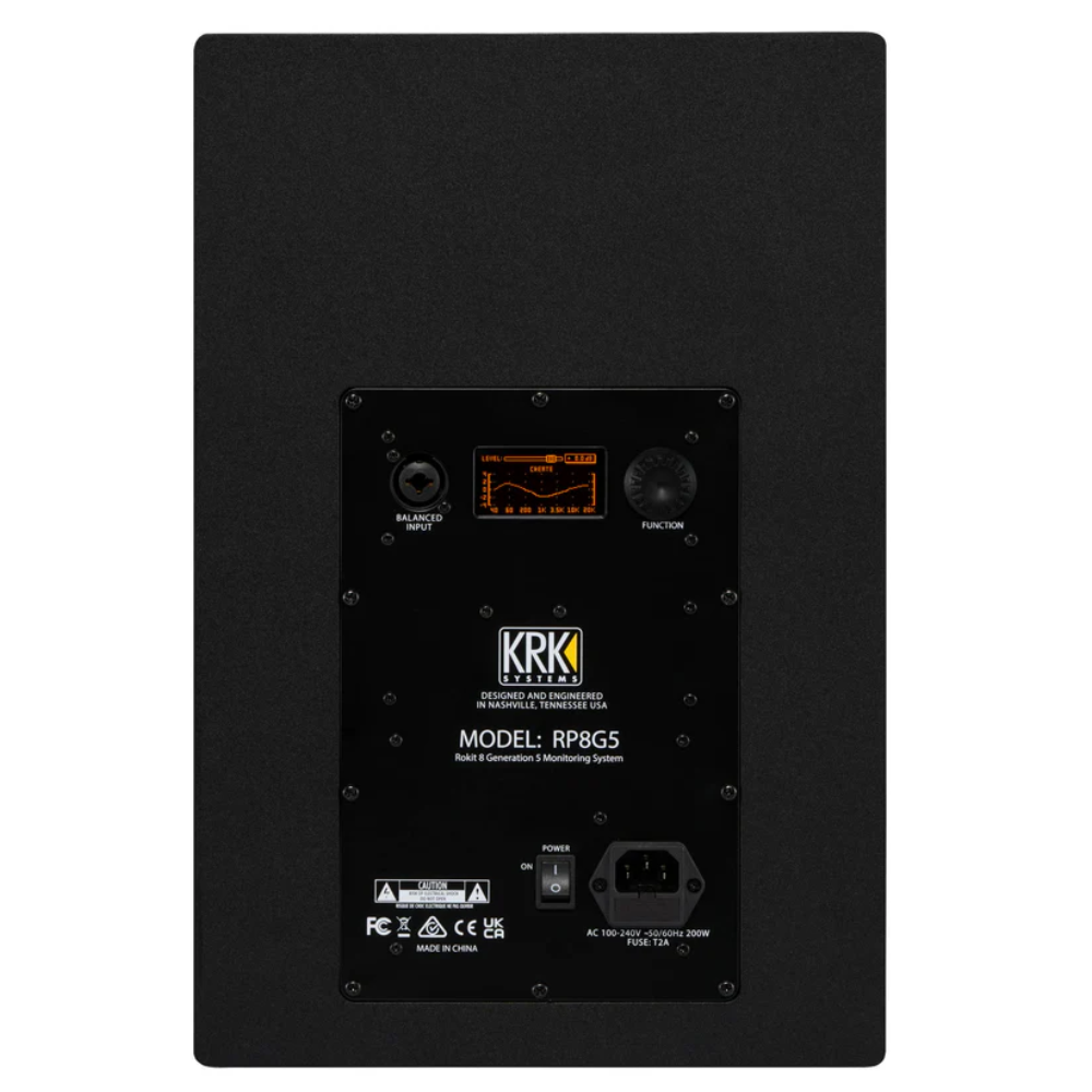 KRK Rokit RP8G5 5th Gen studio monitor speaker showing black and yellow design with front grille and control panel.
