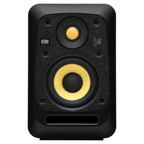 Black KRK V4 S4 4-inch powered studio monitor showing front view with speaker grille and control panel.