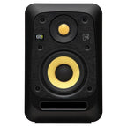 Black KRK V4 S4 4-inch powered studio monitor showing front view with speaker grille and control panel.