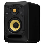 Black KRK V4 S4 4-inch powered studio monitor showing the front with control knobs and grille for professional audio mixing.