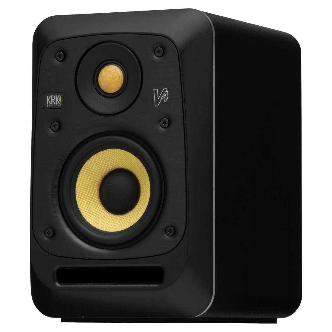 Black KRK V4 S4 4-inch powered studio monitor showing the front with control knobs and grille for professional audio mixing.
