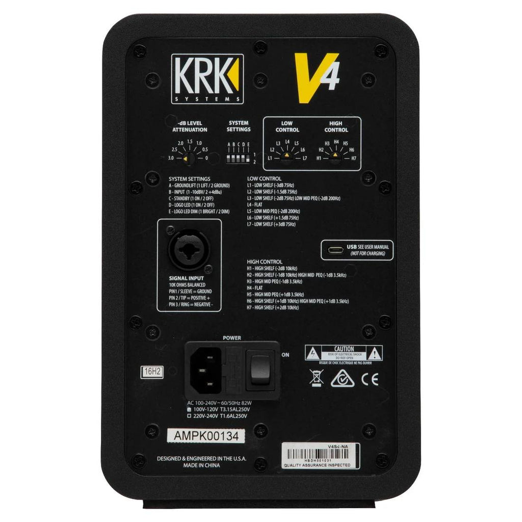 KRK V4 S4 4-inch powered studio monitor in black, showing the compact design and detailed speaker grille.