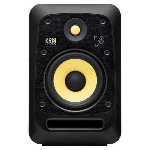 Black KRK V6 S4 6-inch studio monitor speaker by KRK Systems, showing the front view with the grille and control panel.
