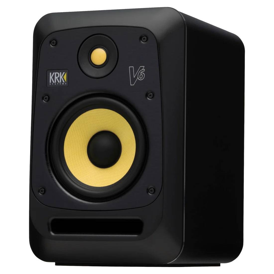 Black KRK V6 S4 6-inch studio monitor speaker by KRK Systems, showing the front view with speaker grille and control panel.