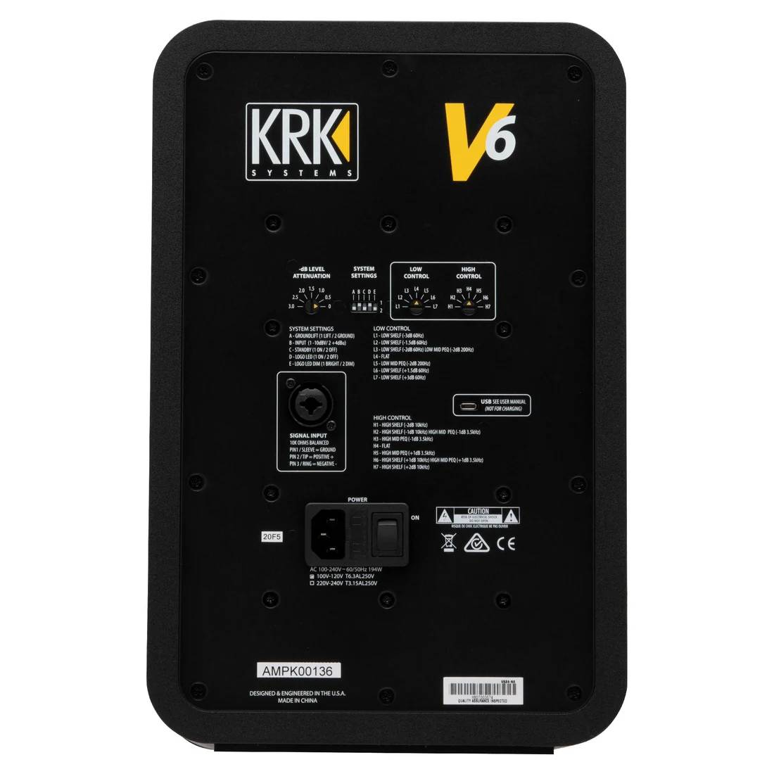 Black KRK V6 S4 6-inch studio monitor speaker by KRK Systems, showing the speaker's front grille and control panel.