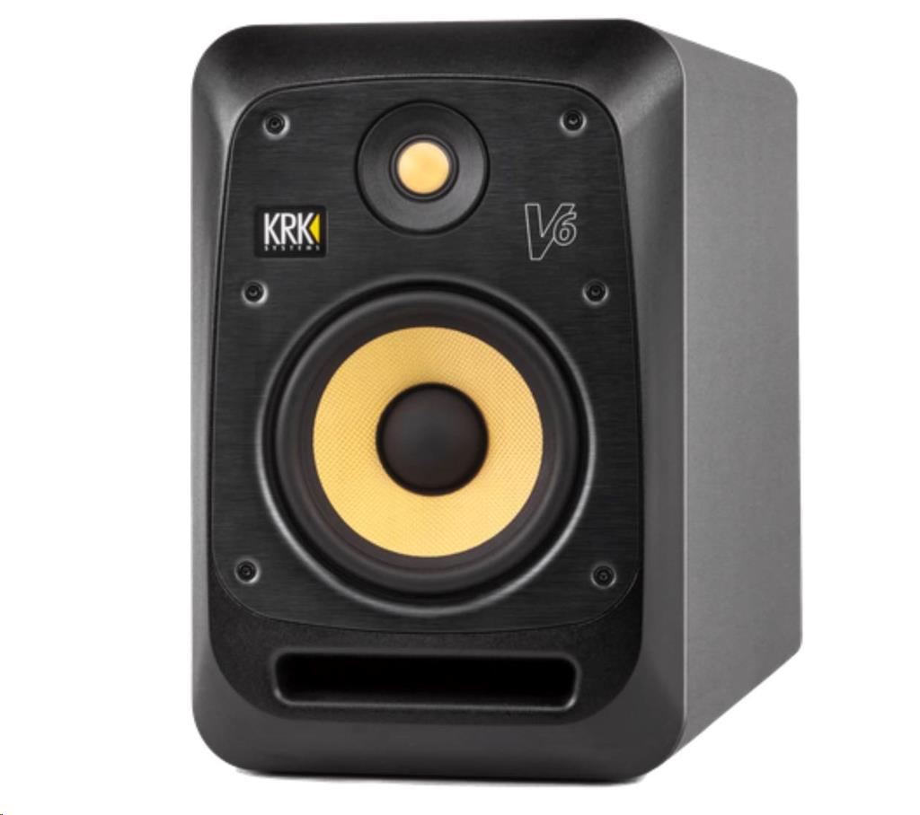 Black KRK V6 S4 6-inch studio monitor speaker by KRK Systems, shown in a studio setting.