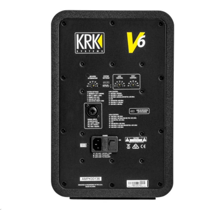 Black KRK V6 S4 6-inch studio monitor speaker by KRK Systems, shown in a side view on a stand.