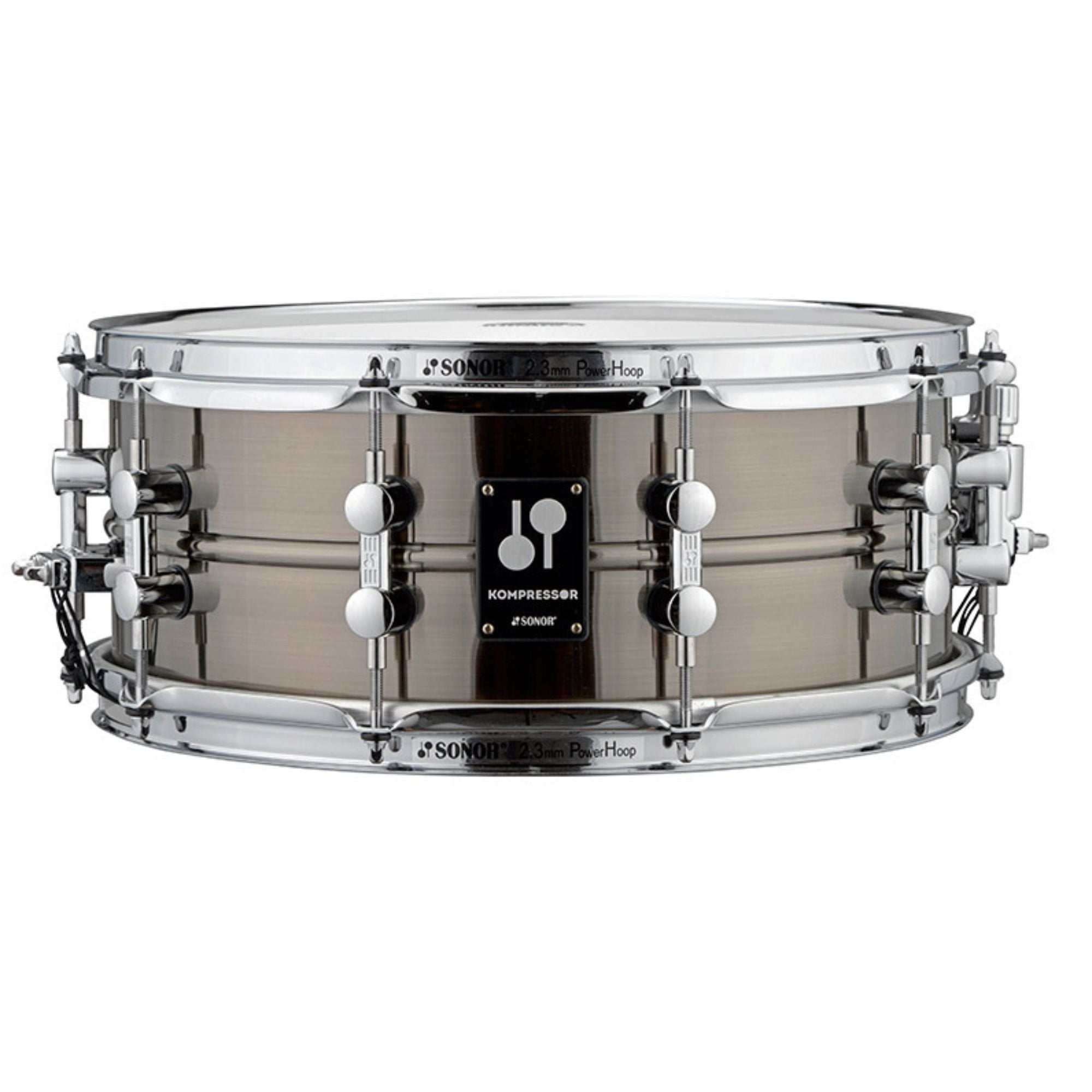 Sonor Kompressor 14x5.75-inch brass snare drum with power hoops, showing polished brass surface and detailed hardware.
