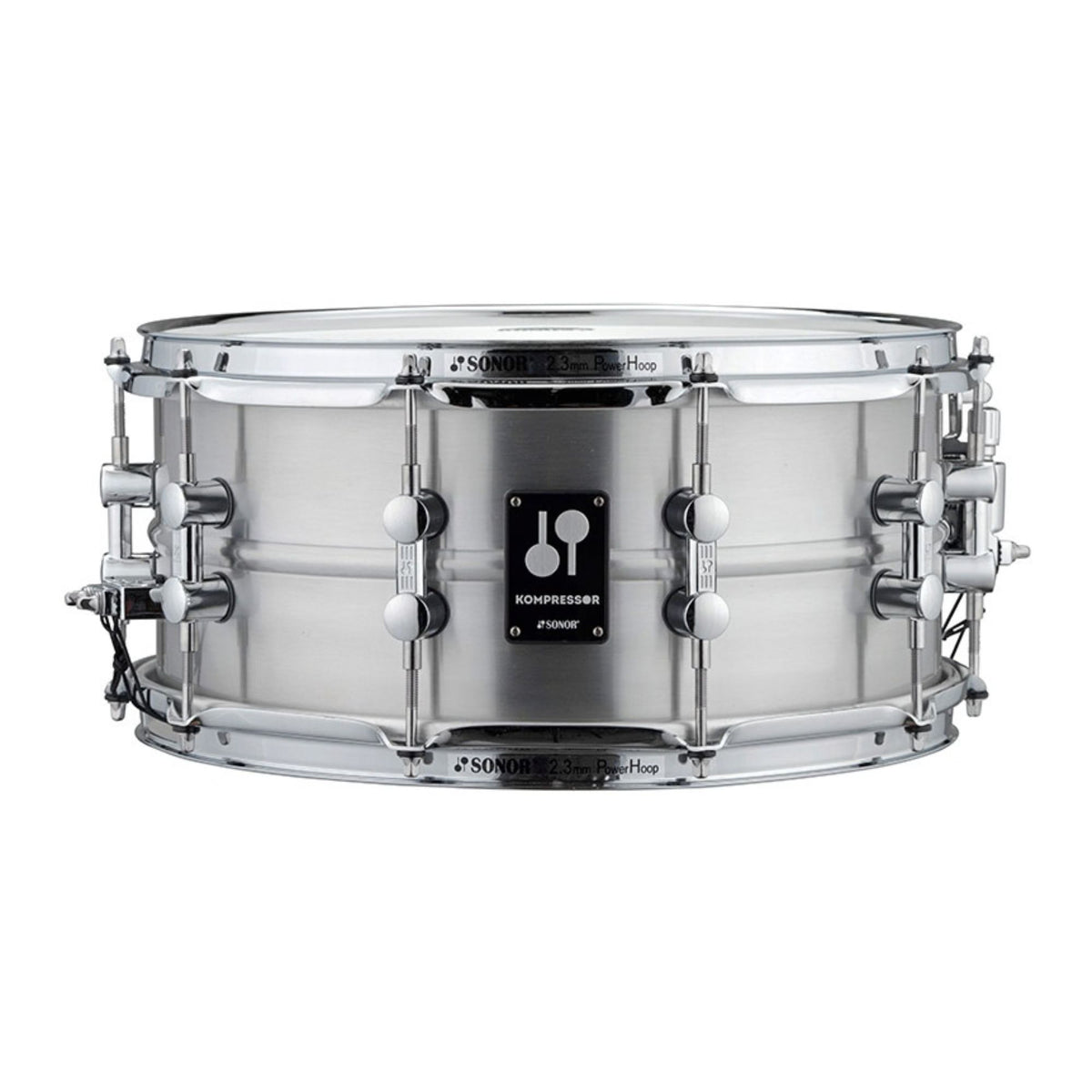 SONOR Kompressor 14x6.5-inch aluminium snare drum with power hoops, showcasing the drum's sleek metal shell and detailed hardware.