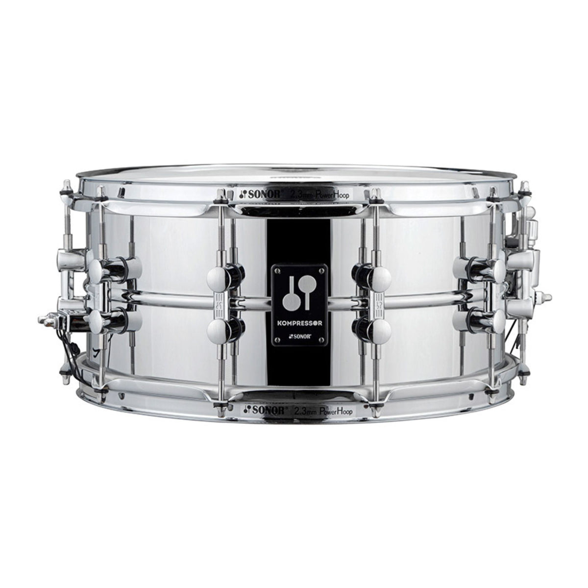 SONOR Kompressor 14x6.5 steel snare drum with power hoops, featuring a durable metal shell and chrome hardware.