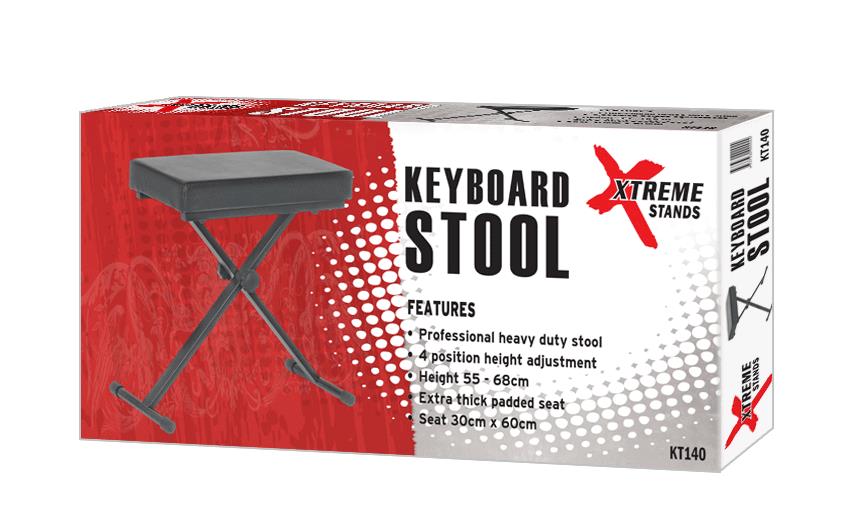 Xtreme KT140 keyboard bench with adjustable height and padded seat, designed for comfort during musical performances.