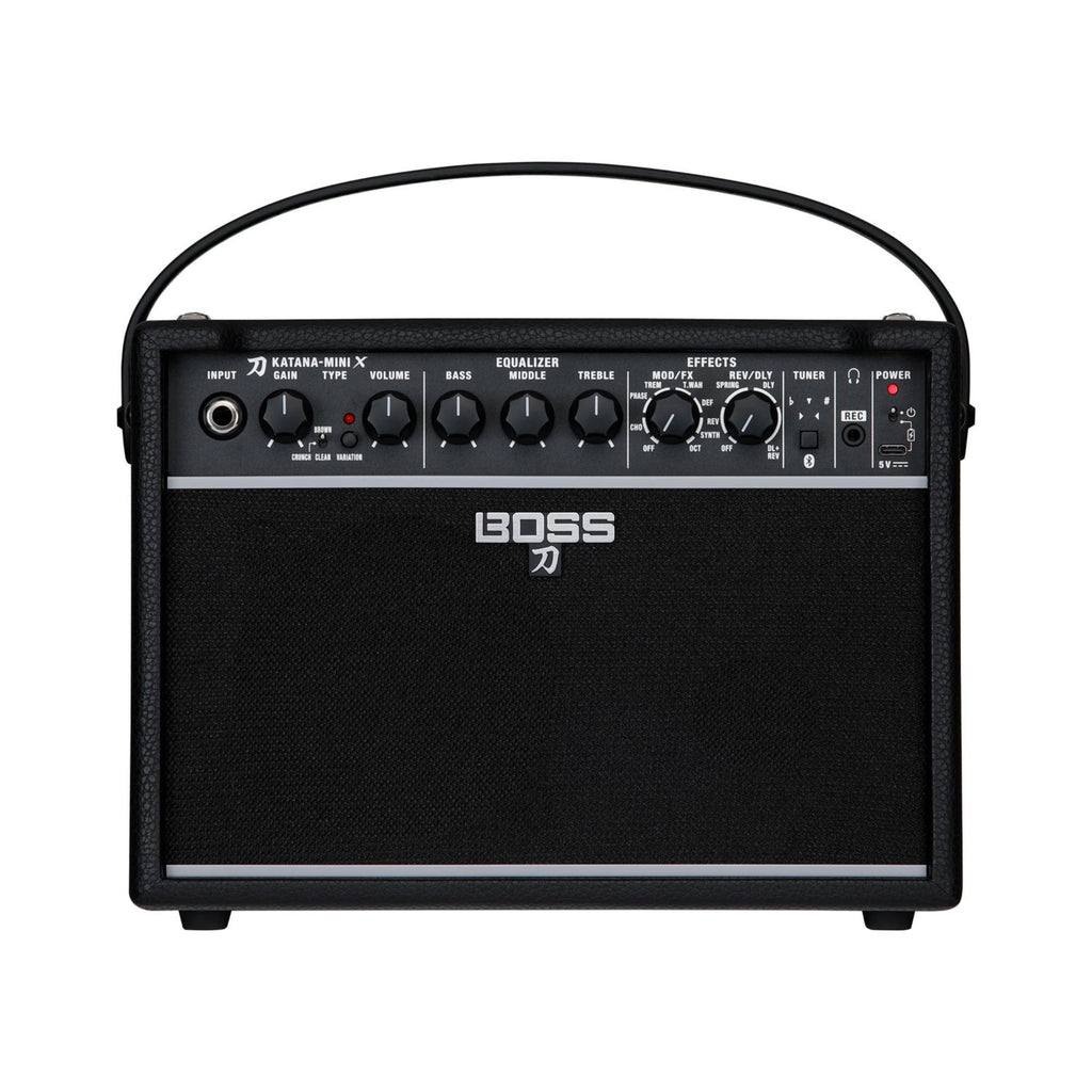 BOSS Katana Mini X Battery Guitar Amplifier showing compact design and control panel for portable guitar tone.
