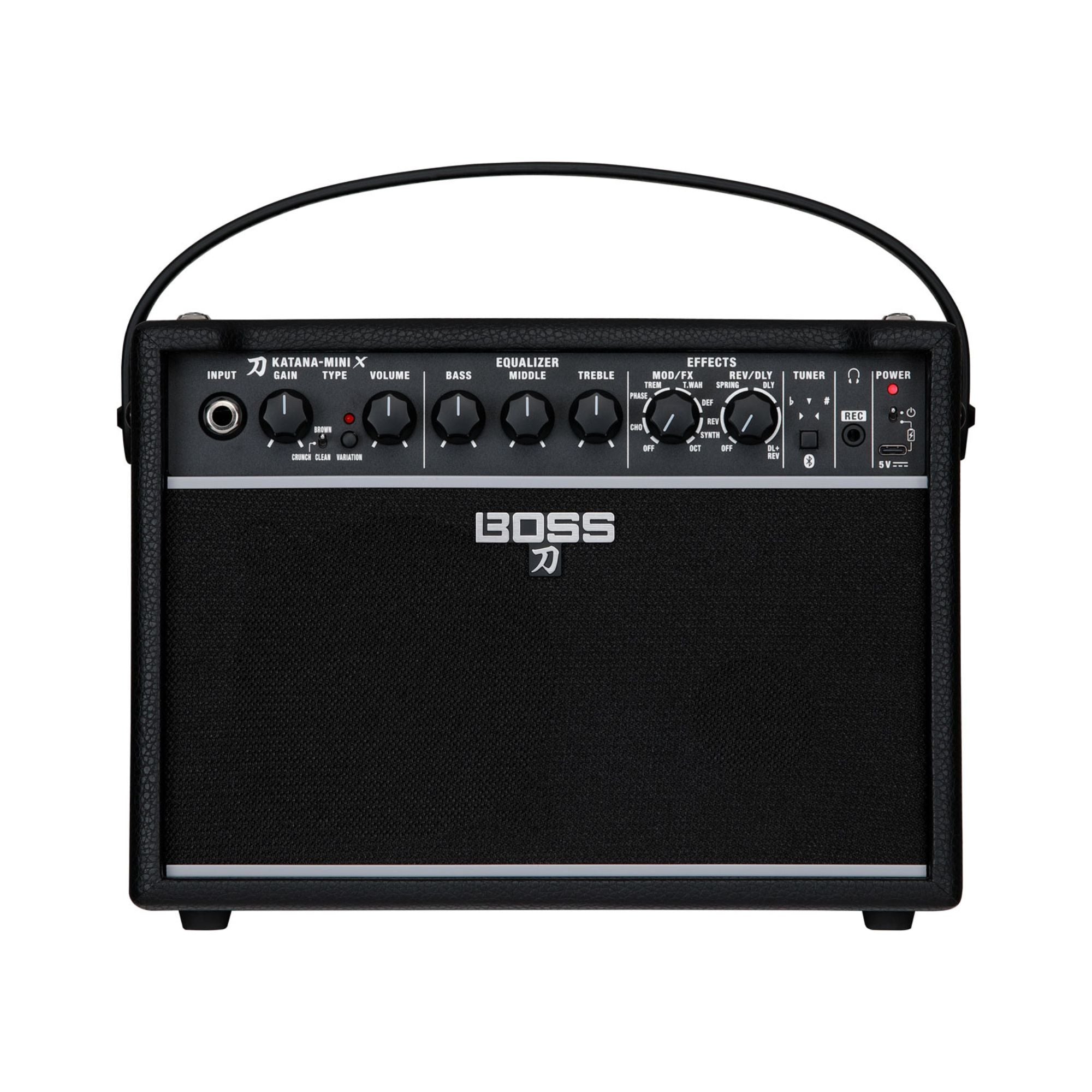 BOSS Katana Mini X Battery Guitar Amplifier showing compact design and control panel for portable guitar tone.