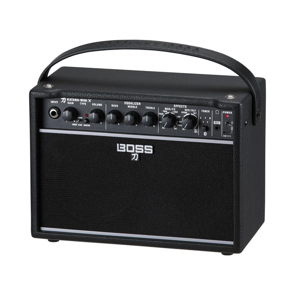 BOSS Katana Mini X battery-powered guitar amplifier with compact design and control knobs, ideal for practice and portability