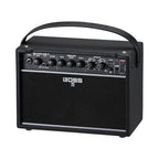 BOSS Katana Mini X battery-powered guitar amplifier with compact design and control knobs, ideal for practice and portability