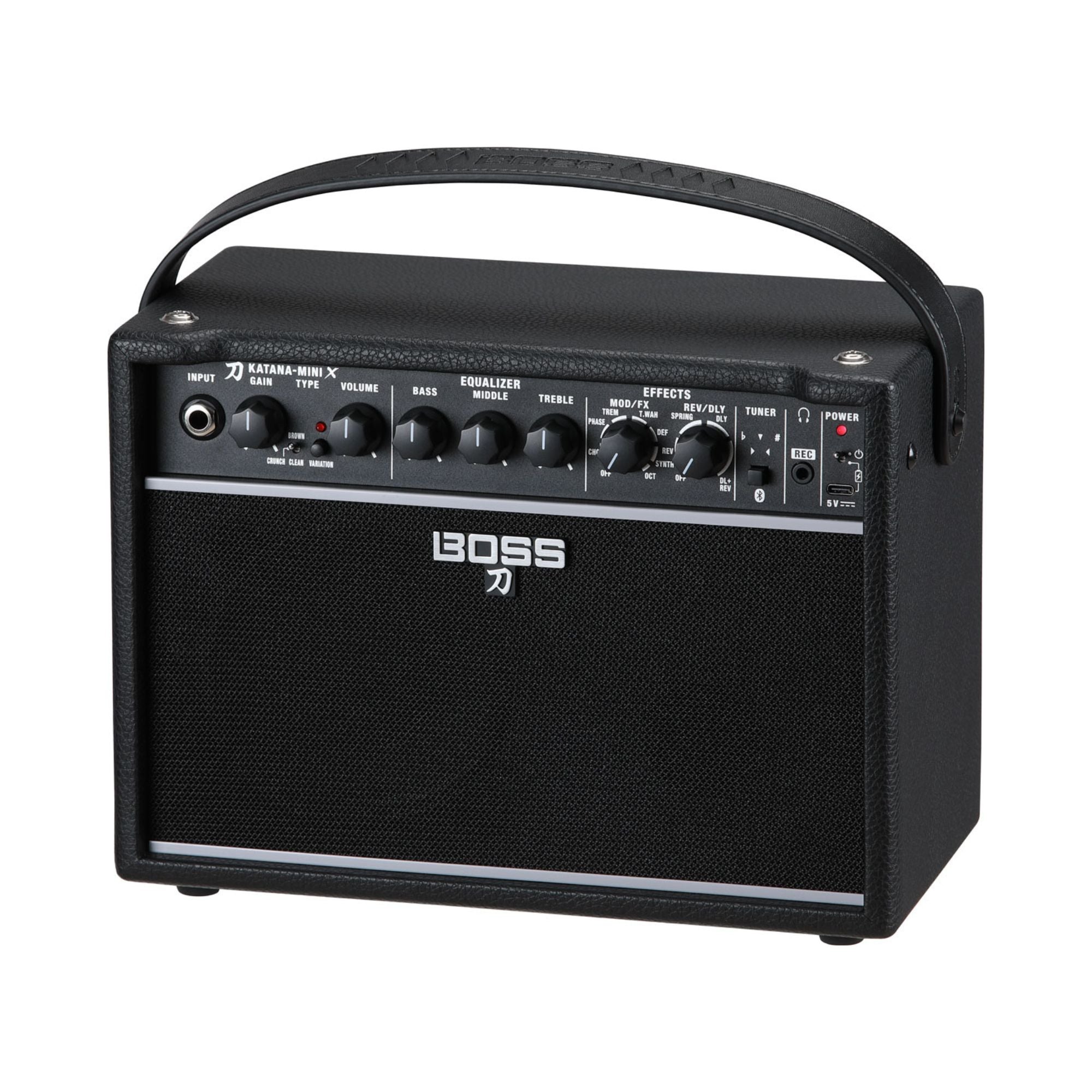 BOSS Katana Mini X battery-powered guitar amplifier with compact design and control knobs, ideal for practice and portability