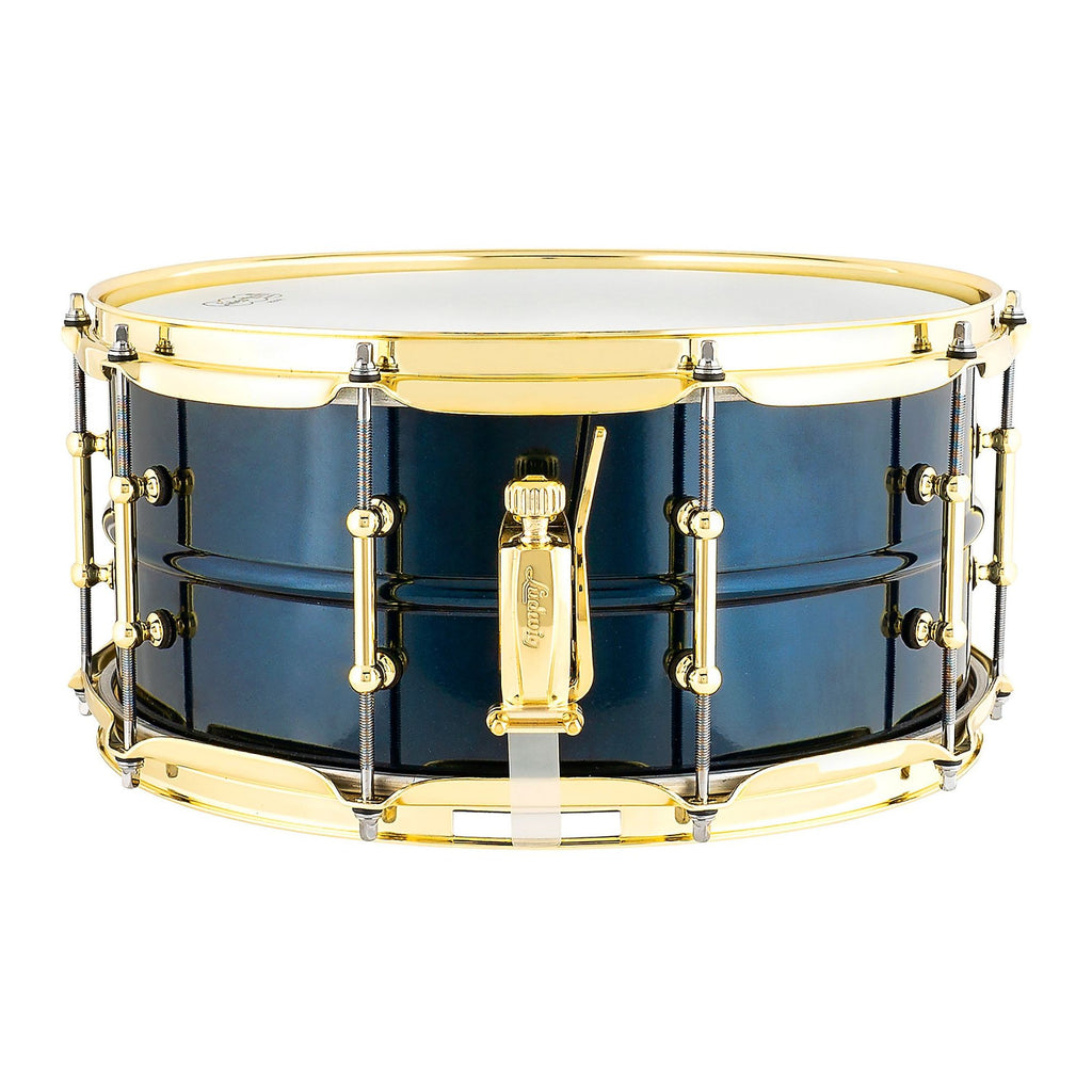 Ludwig Supraphonic chrome snare drum 6.5x14 with midnight blue finish and brass hardware, high-quality snare drum for percussion.