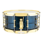 Ludwig Supraphonic chrome snare drum 6.5x14 with midnight blue finish and brass hardware, high-quality snare drum for percussion.