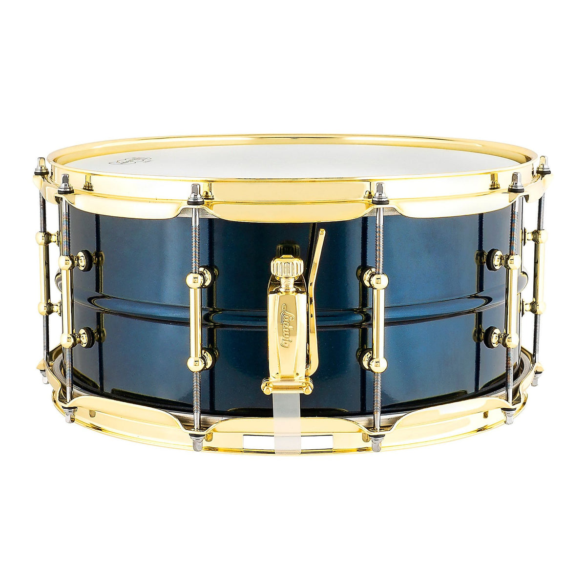 Ludwig Supraphonic chrome snare drum 6.5x14 with midnight blue finish and brass hardware, high-quality snare drum for percussion.