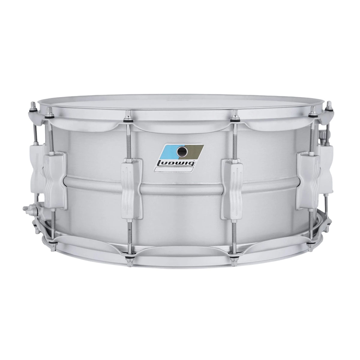 Ludwig Acrolite 14x6.5 snare drum with satin chrome hardware, showcasing its classic metal shell and sleek finish.