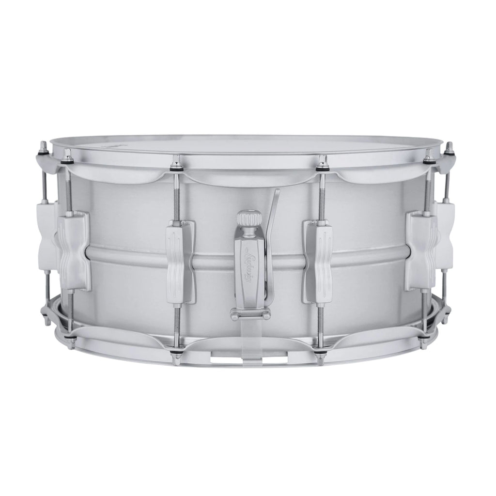 Ludwig Acrolite 14x6.5 snare drum with satin chrome hardware, showcasing its classic drum shell and detailed finish.