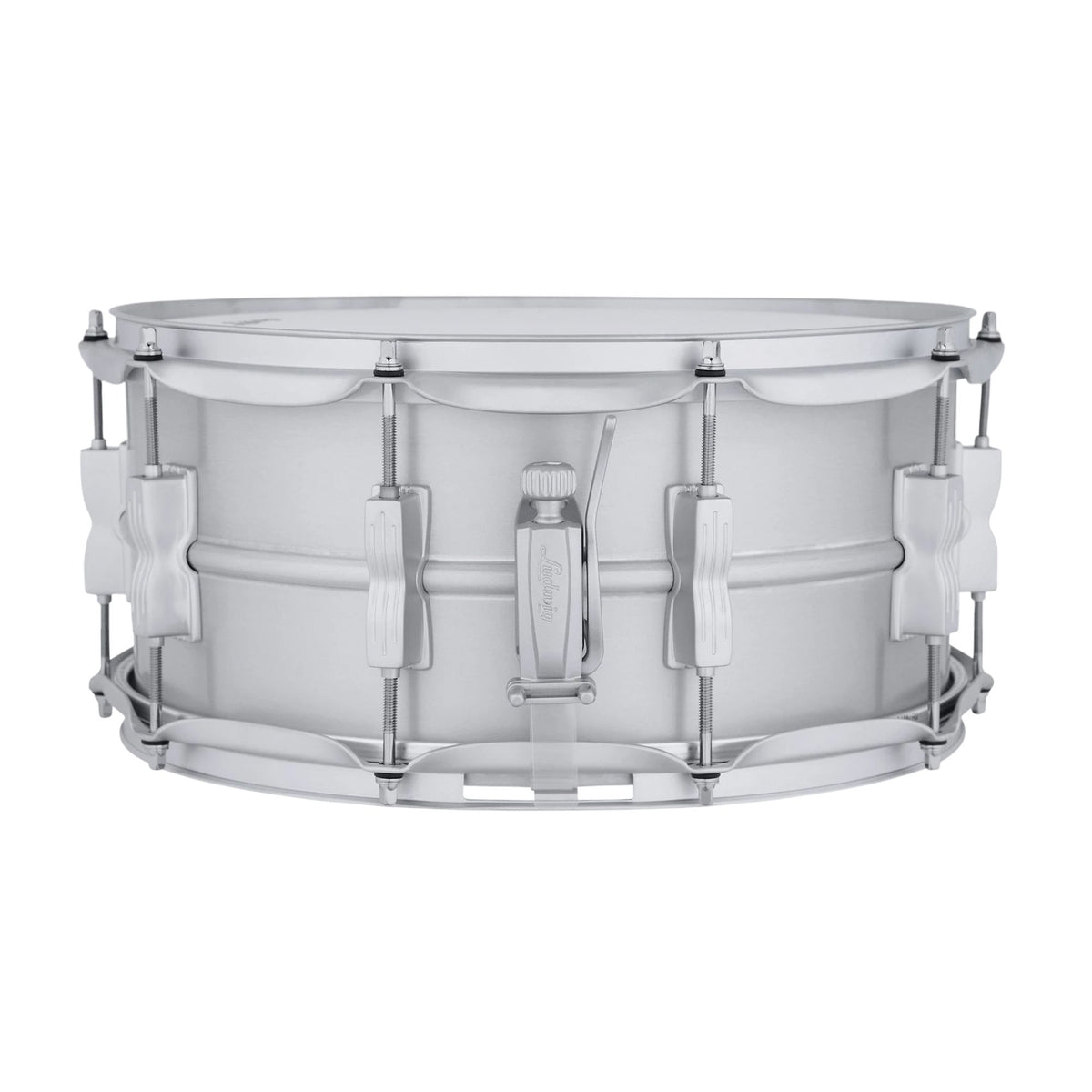 Ludwig Acrolite 14x6.5 snare drum with satin chrome hardware, showcasing its classic drum shell and detailed finish.