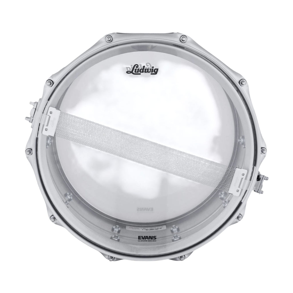 Ludwig Acrolite 14x6.5 snare drum with satin chrome hardware, showcasing its sleek drum shell and hardware details.