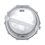 Ludwig Acrolite 14x6.5 snare drum with satin chrome hardware, showcasing its sleek drum shell and hardware details.