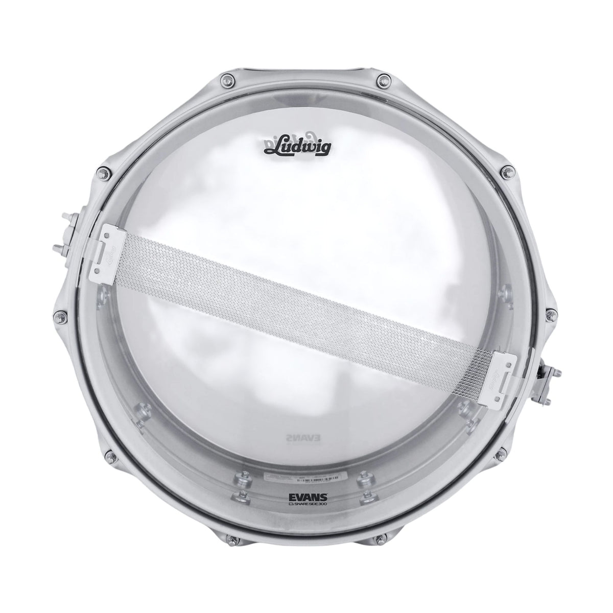 Ludwig Acrolite 14x6.5 snare drum with satin chrome hardware, showcasing its sleek drum shell and hardware details.