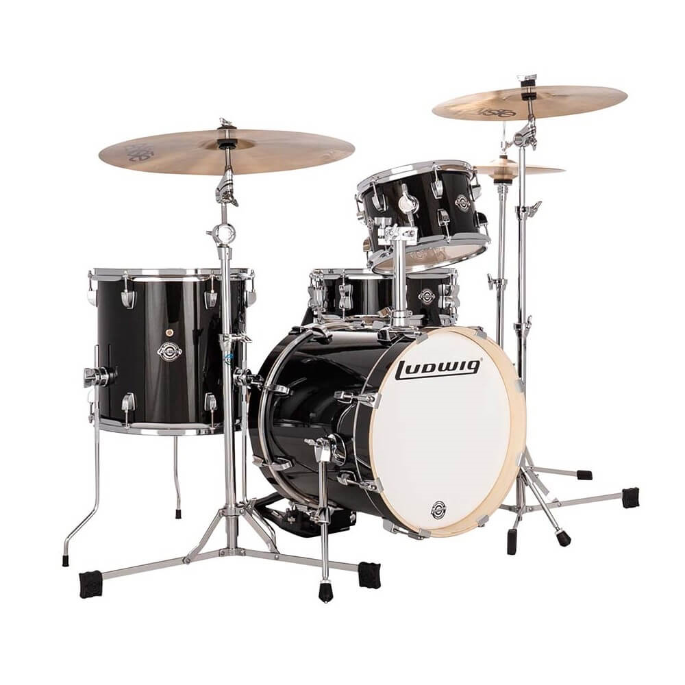 Ludwig Breakbeats 16/10/13+14S 4-piece drum kit shell pack in black sparkle with drum bags, showcasing drums and hardware.