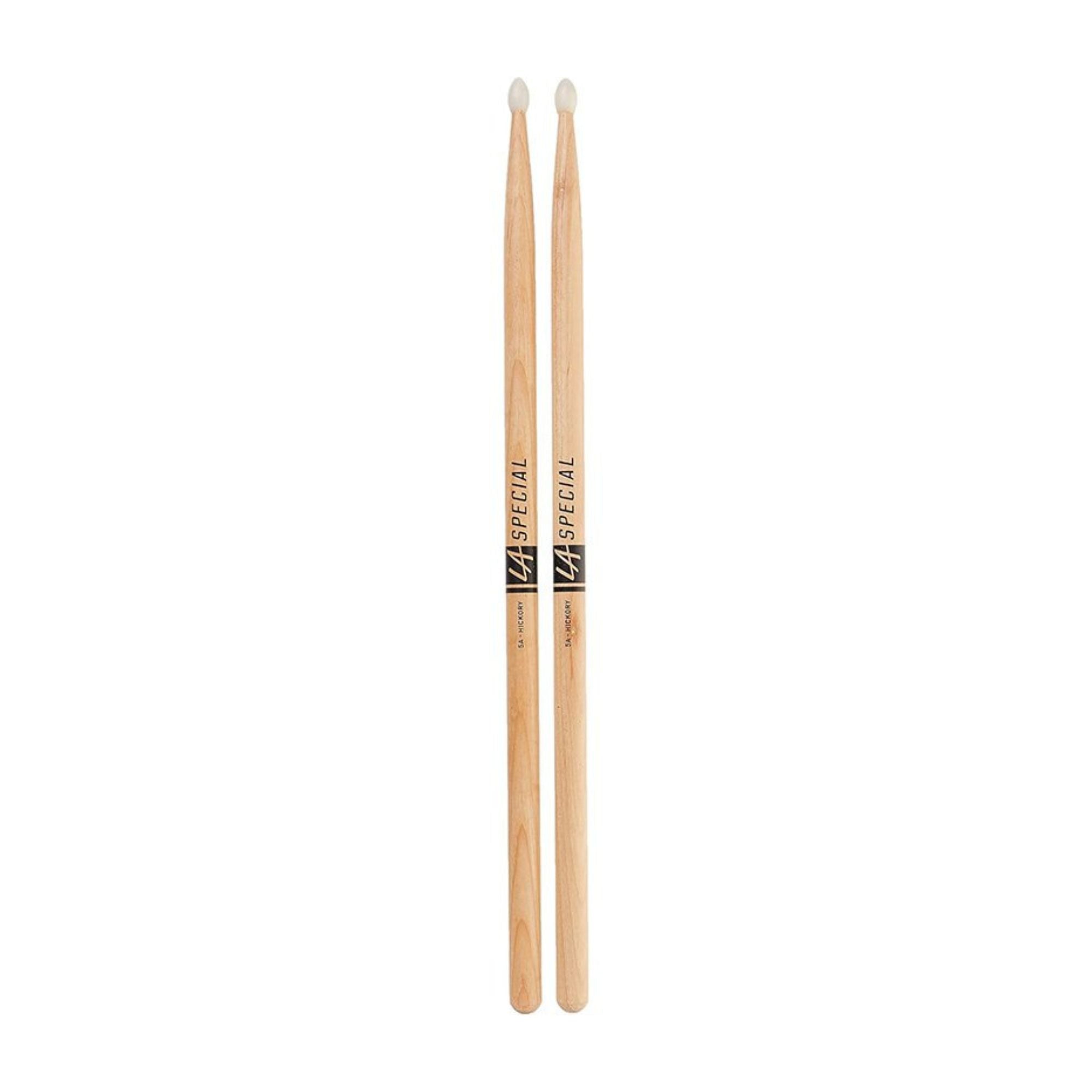 ProMark LA Specials 5A drumsticks with natural wood finish, featuring tapered tips for versatile percussion playing.