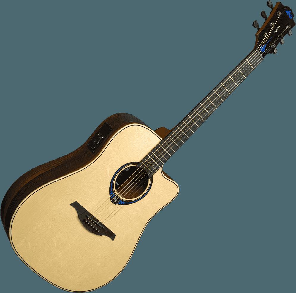 LAG Hyvibe 30 smart acoustic guitar with Bearclaw Spruce top, showing the guitar's body and soundhole in natural lighting.