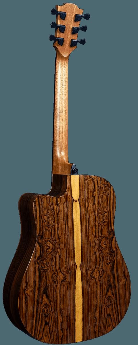 LAG Hyvibe 30 Bearclaw Spruce acoustic guitar with a natural wood finish, showcasing its body and soundhole.