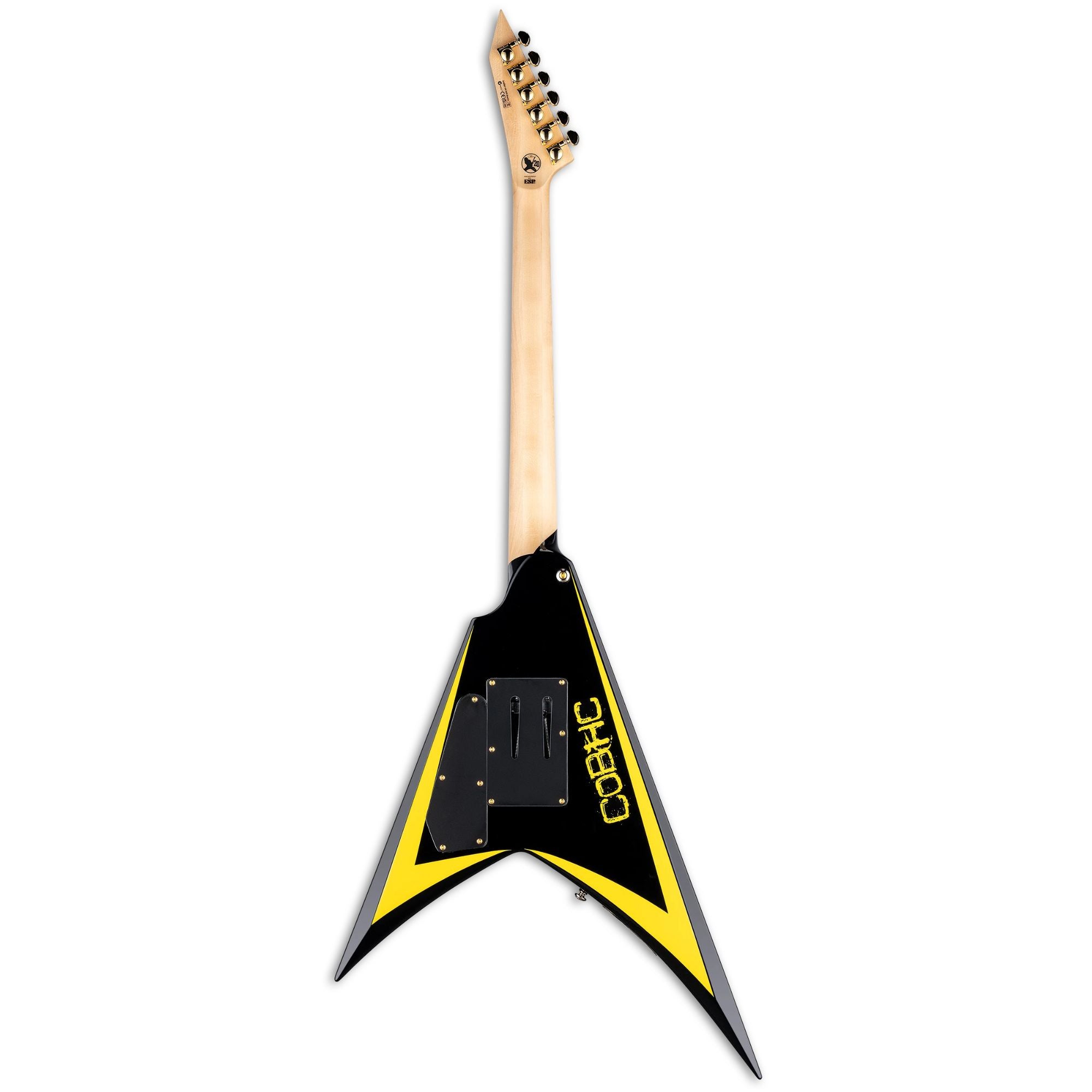 ESP LTD Alexi Arrowhead SE 20th Anniversary electric guitar in black and yellow with a sharp, angular body and maple fretboard.
