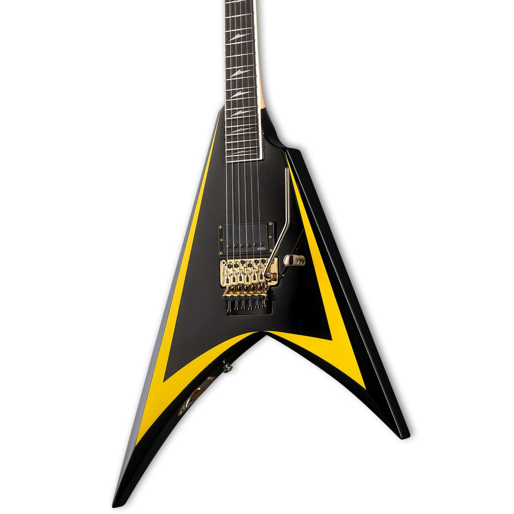 ESP LTD Alexi Arrowhead SE 20th Anniversary electric guitar in black and yellow with sleek body and signature design.