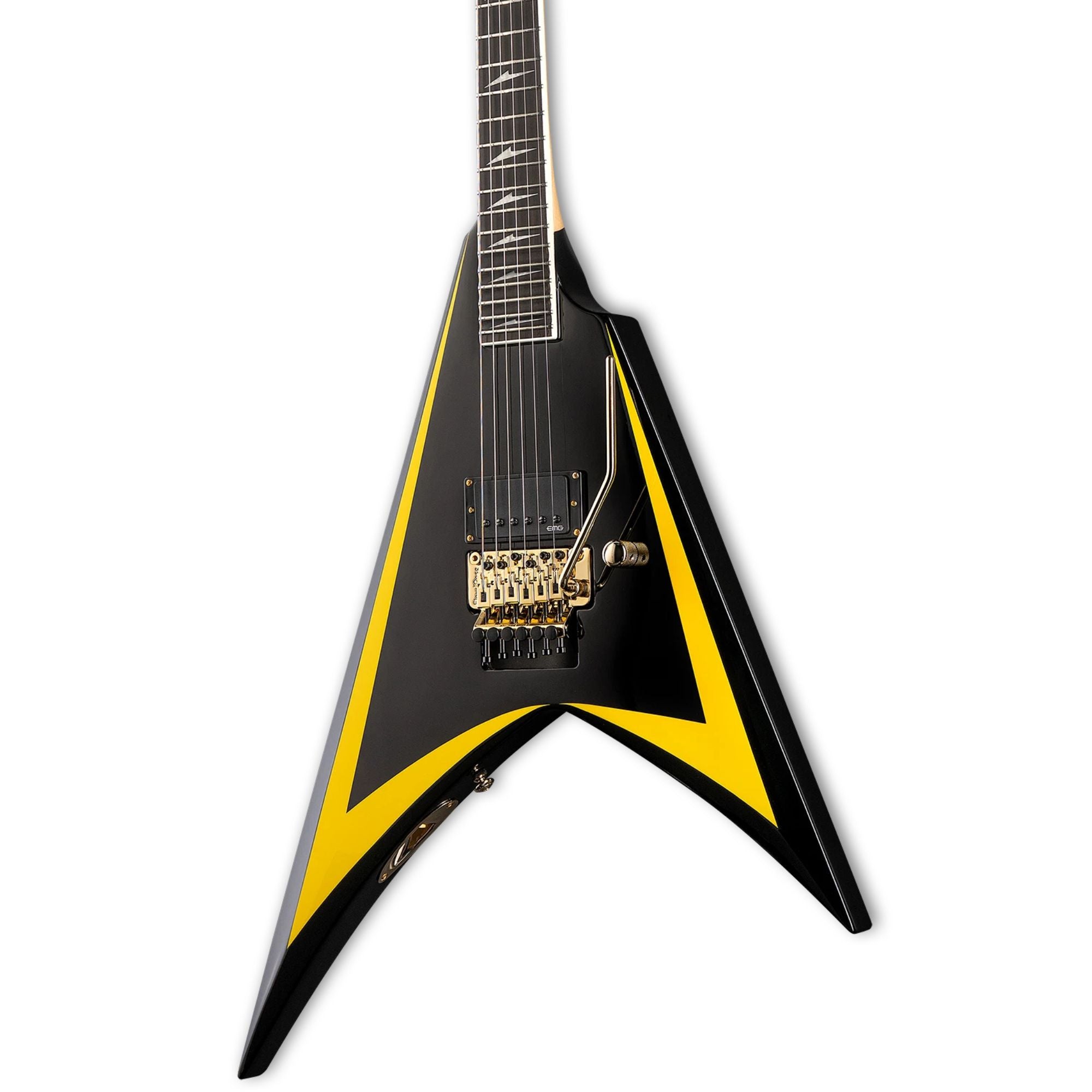 ESP LTD Alexi Arrowhead SE 20th Anniversary electric guitar in black and yellow with sleek body and signature design.