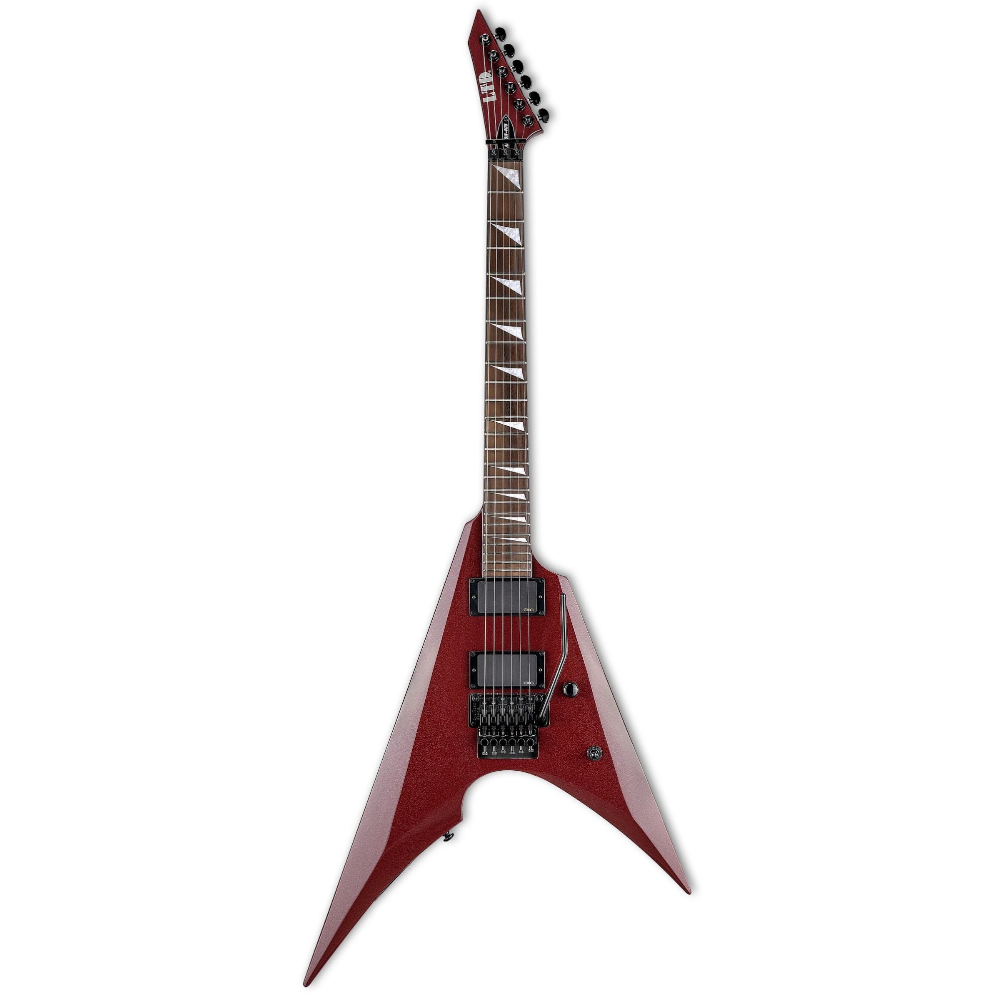 ESP LTD Arrow 400 electric guitar in Scarlett Metallic with sleek body and dual humbucker pickups.